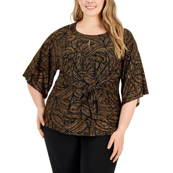 Kasper Plus Size 1X Abstract-Print Tie-Front Top Brown Black MSRP $79 - Picture 1 of 1